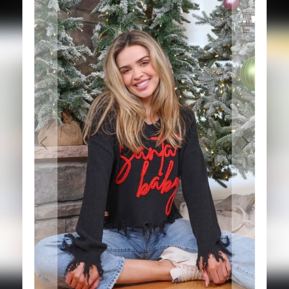 🎅🏻NWT Simply Southern "Santa Baby Distressed Longsleeve V-neck Sweater" Sz XL - Picture 1 of 11
